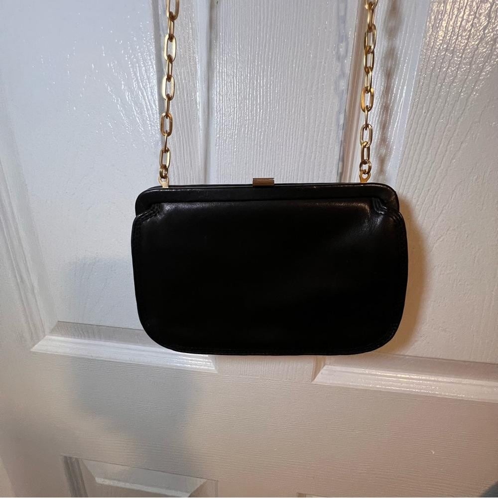 Liz Claiborne Leather Crossbody Bag Womens Small Black Vintage Gold Chain Clutch